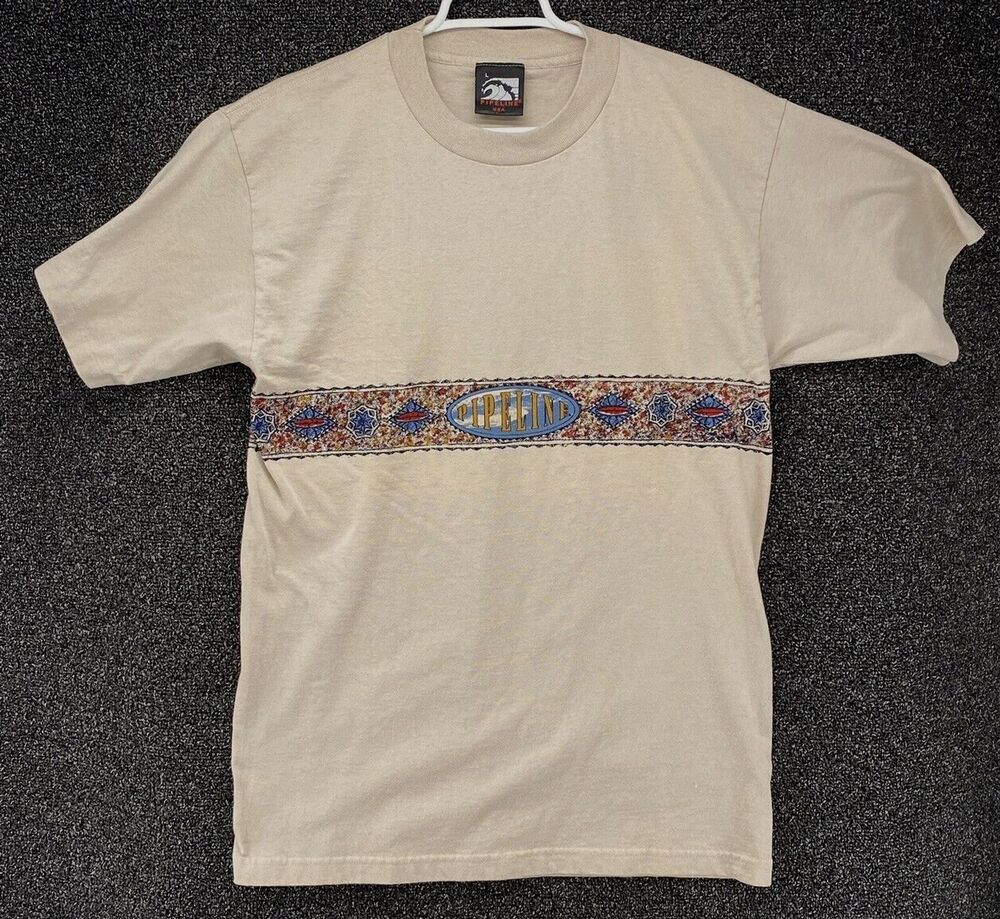Vintage Pipeline USA Surf T-Shirt Mens Large L Beige Single Stitch Made in USA